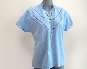 Baby Blue  Embroidered Linen Blouse, Retro  Ladies Top, Size S