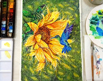 sunflower with hummingbird - original painting