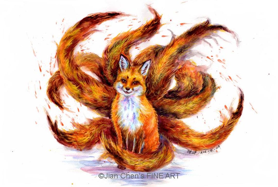 Nine-tailed Fox Print, Orange Mythical Creature Art - Etsy