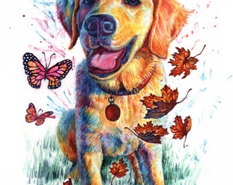 cute dog with butterfly & maple leaves  (10 different sizes to choose from, all FREE SHIPPING in UK )