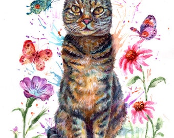cat with flowers & butterflies   (10 different sizes to choose from, all FREE SHIPPING in UK )