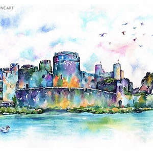 Impresión de acuarela del castillo de Caerphilly