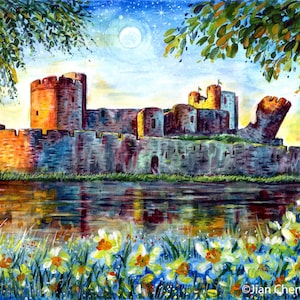 Impresión artística Luna de primavera del castillo de Caerphilly