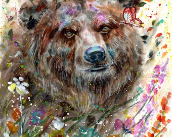 Grizzly bear among spring flowers (10 different sizes to choose from, all FREE SHIPPING in UK )