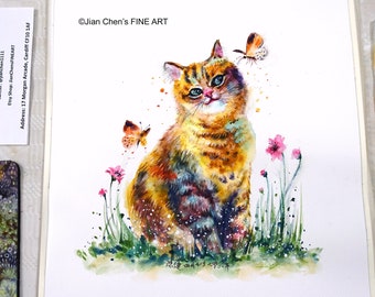 cute cat with butterflies - original painting