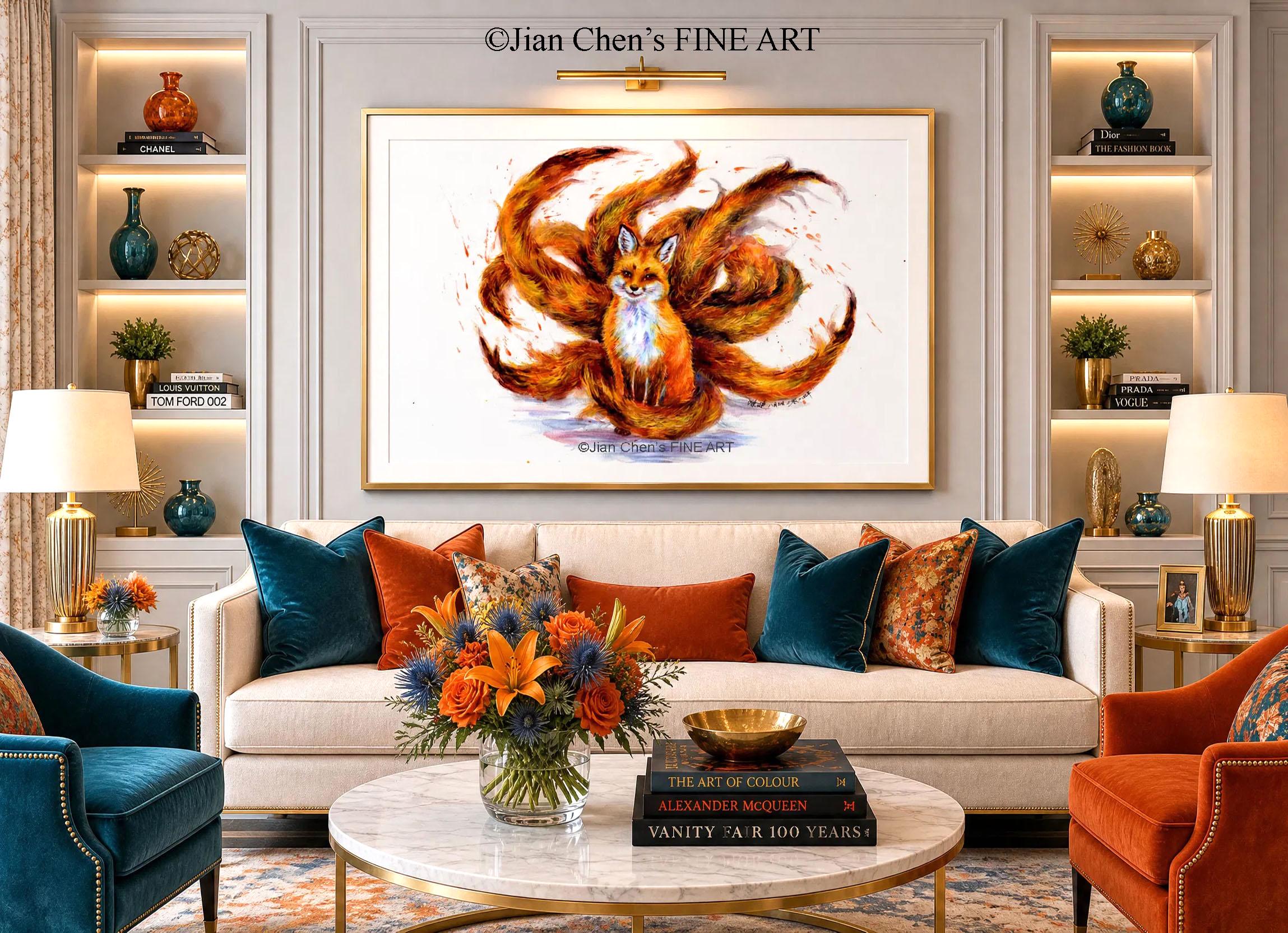 Nine-tailed Fox Print, Orange Mythical Creature Art - Etsy