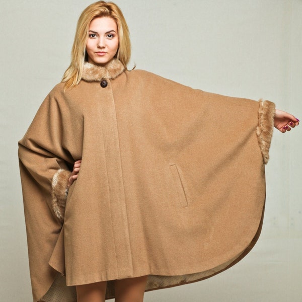 Oversize Wool  Cashmere Cape Coat , Camel Cape with  Faux fur Cuffs and Neck , Wool Poncho Coat , Cloak by VIEMA - V00690