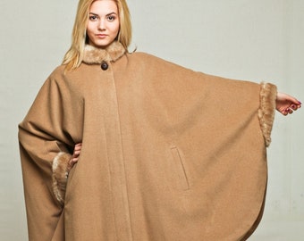 Oversize Wool  Cashmere Cape Coat , Camel Cape with  Faux fur Cuffs and Neck , Wool Poncho Coat , Cloak by VIEMA - V00690