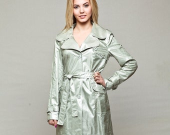 Silver Women's Trench Coat with Belt and Large External Pokets , Women's Spring Jacket , Waterproof and Windproof Raincoat by VIEMA - V00850