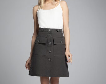 ZURICH Organic Cotton And Linen-Blend Canvas Midi Skirt in dark grey / Cargo Skirt with Pockets / Utility Linen Skirt