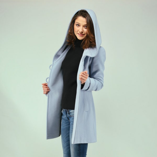 Baby  Blue Women's Wool Coat With Hood , Winter Wool Hoodie , Elegant Women's Coat by VIEMA - V00010