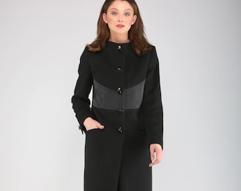 Unique Women's Wool and Cashmere Black Coat with Satin Details , Winter Zipped Pockets Coat by VIEMA - V00830
