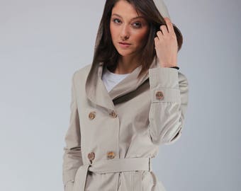Beautiful Women's Double-Breasted Trench Coat with Hood , Hooded Extravagant Jacket , Raincoat by VIEMA - V00520