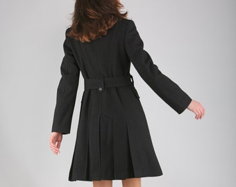 Black Elegant Womens Wool Coat With a Pleated Skirt and Satin Detail , Winter Coat with Belt by VIEMA - V00770