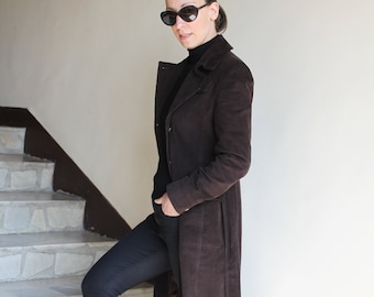 Elegant Corduroy Knee Length Coat with Belt in Chocolate Brown , Women's Spring Jacket , Trench Coat by VIEMA - V01410