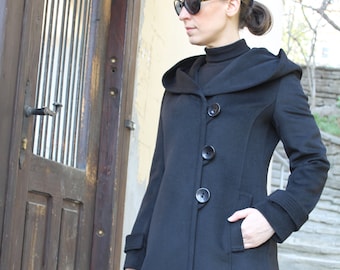 New Black Women's Wool Coat With Hood , Winter Wool Hoodie , Elegant Women's Coat by VIEMA - V01400