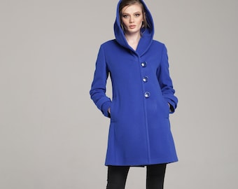 Royal Blue Women's Wool Coat With Hood , Winter Women's Wool Hoodie  by VIEMA - V01180