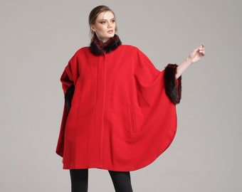 Red Women's Cape Coat with Faux Fur Cuffs and Neck , Wool and Cashmere Cloak , Poncho Coat , Coat by VIEMA - V00740