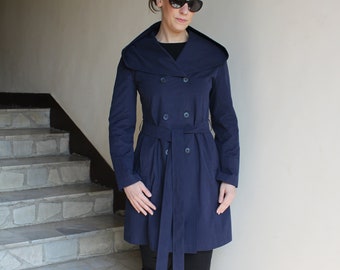 Double-Breasted Women's Trench Coat with Hood , Hooded Extravagant Raincoat ,Handmade Jacket by VIEMA - V01370