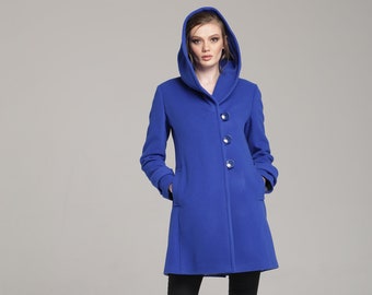 Royal Blue Women's Wool Coat With Hood 