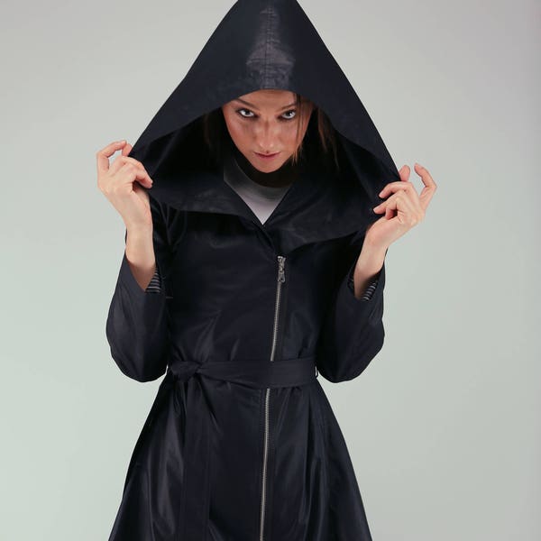 NEW Asymmetrical Extravagant Peplum Black Hooded Raincoat , Waterproof Jacket , Sizes up to 2XL , Spring Hooded Coat by VIEMA - V00600