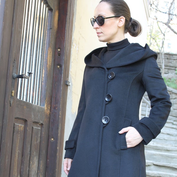 New Black Women's Wool Coat With Hood , Winter Wool Hoodie , Elegant Women's Coat by VIEMA - V01400