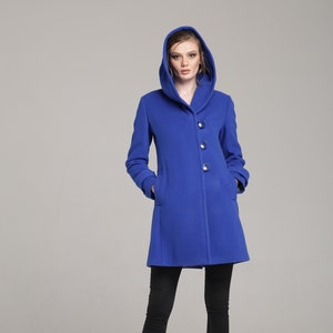 Royal Blue Women's Wool Coat With Hood , Winter Women's Wool Hoodie  by VIEMA - V01180