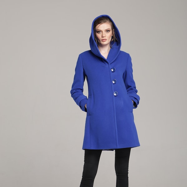 Manteau en laine pour femme bleu royal avec capuche, sweat à capuche en laine pour femme d'hiver par VIEMA - V01180