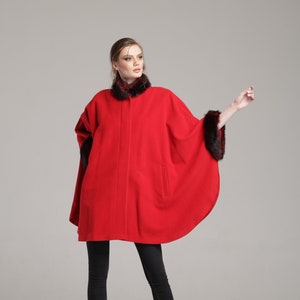 Red Women&#39;s Cape Coat with Faux Fur Cuffs and Neck , Wool and Cashmere Cloak , Poncho Coat , Coat by VIEMA - V00740
