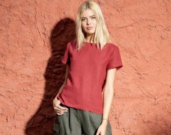 ROME Linen Top With Short Sleeves and Frayed Edges / Linen  Top / Red Linen Top / White Linen Top