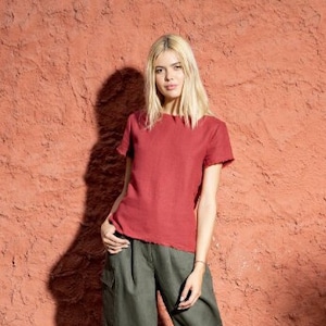 ROME Linen Top With Short Sleeves and Frayed Edges / Linen  Top / Red Linen Top / White Linen Top
