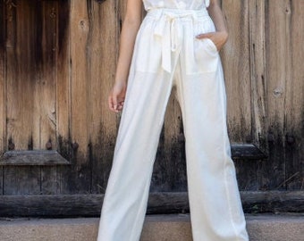 IBIZA Long Wide-Leg Linen Trousers With Detachable Belt / Linen Pants High Waist / Linen Pants with Pockets T 0011