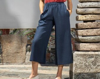 ST TROPEZ Cropped Hose / Leinen Culottes mit weitem Bein und Gummibund