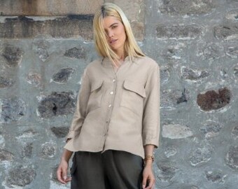 VALETTA Oversize linen shirt with flap pockets