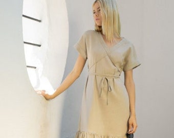 MYKONOS Linen Midi Dress With Low Tiered Hem And Tie-Around Belt / Summer Linen Dress / Midi Linen Dress