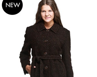 Elegant Long Brown Boucle Wool Coat,Women's Coat,Womens Long Coat,Straight Line Wool Coat,Black,Brown,Cream,Camel,Grey, by VIEMA - V00670