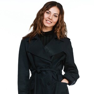 Womens Double Breasted Jacket with Belt , Navy Raincoat by VIEMA - V00350