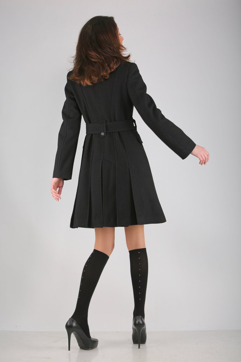 Black Elegant Womens Wool Coat With a Pleated Skirt and Satin Detail , Winter Coat with Belt by VIEMA - V00770 image 1