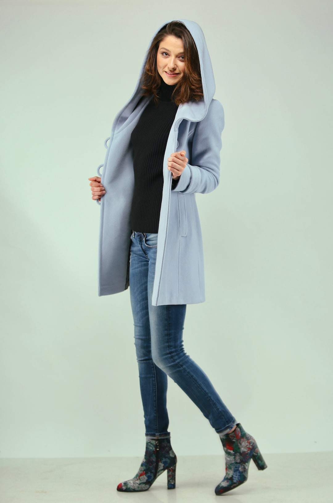 Baby Blue Women's Wool Coat With Hood , Winter Wool Hoodie , Elegant
