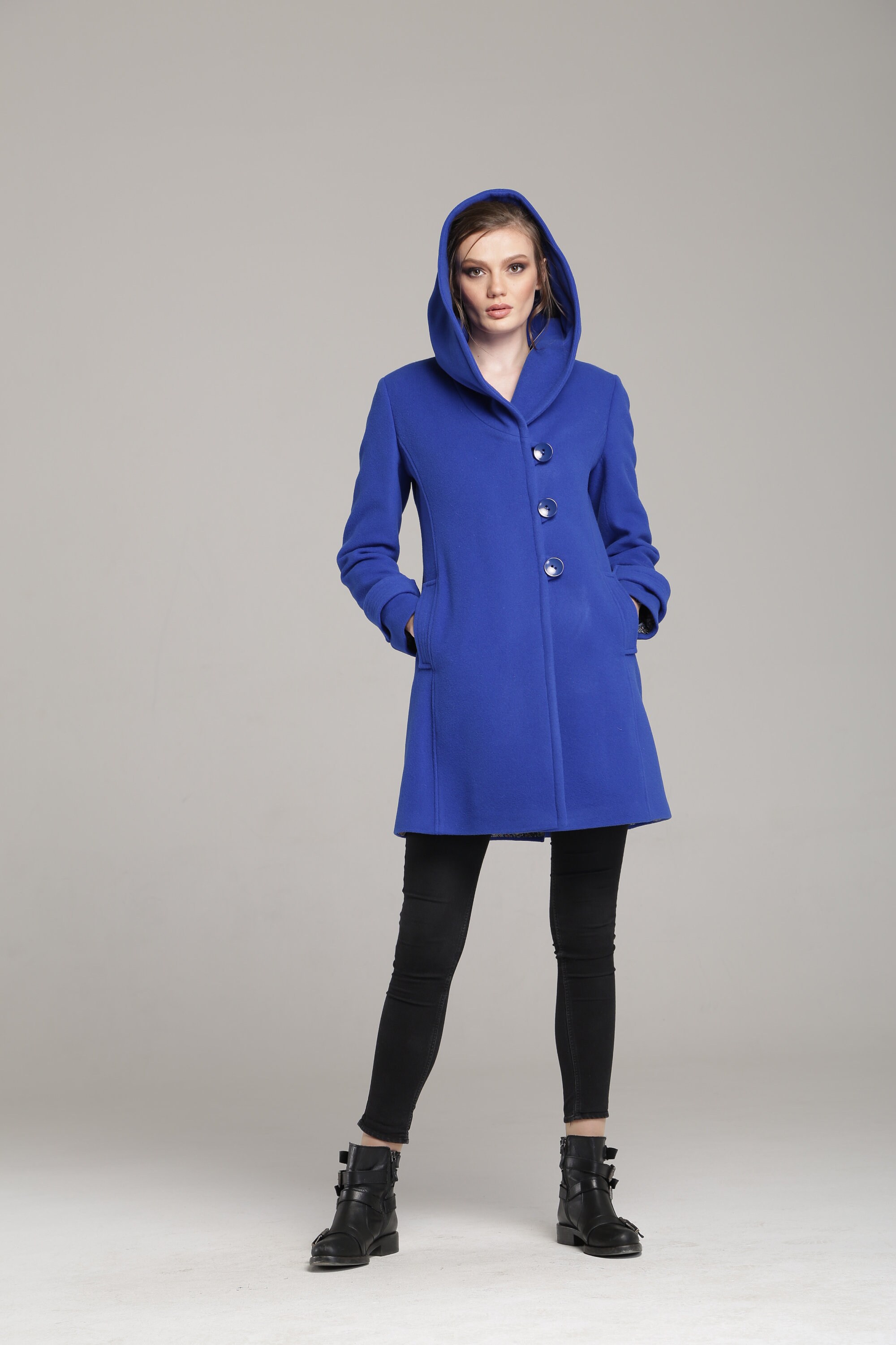 Royal Blue Women's Wool Coat With Hood Winter Etsy
