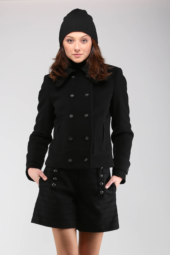 Double Breasted Short Black Wool-cashmere Coat , Women's Double Breasted Short Black Wool-cashmere Coat , Women's