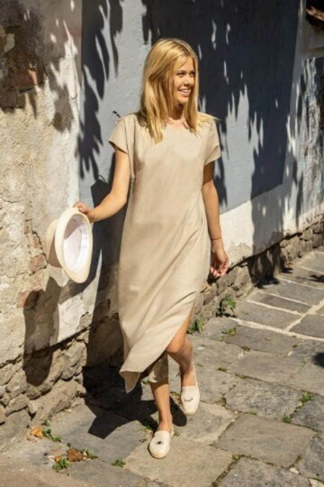 Halter Maxi Jurk Vila MALLORCA Maxi Linen Dress With Side Slit Linen Maxi Dress  Loose Fit Linen Maxi Dress