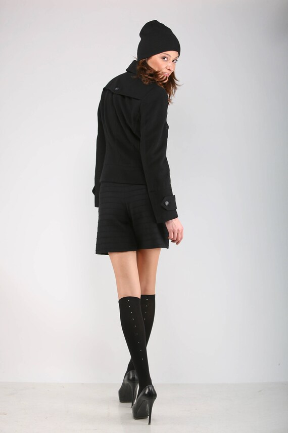 Double Breasted Short Black Wool-cashmere Coat , Women's Spring