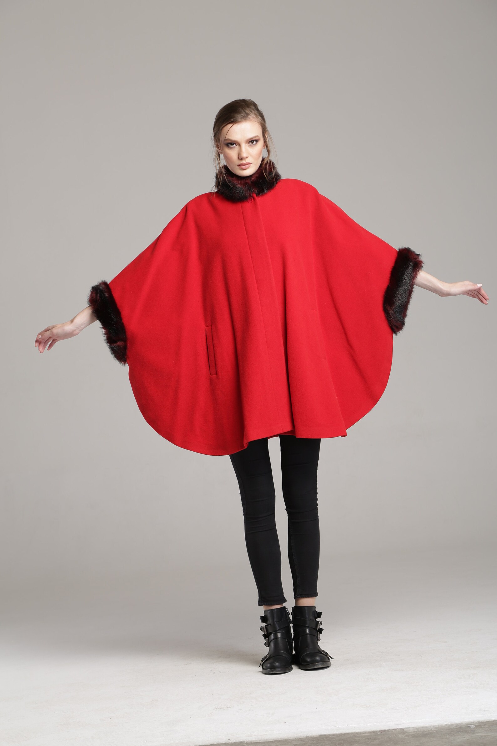 Red Women's Cape Coat with Faux Fur Cuffs and Neck Wool Etsy