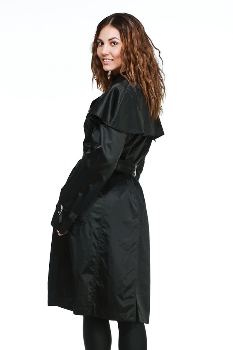 Contemporary Black Trench Coat With Detachable Cape , Womens Jacket