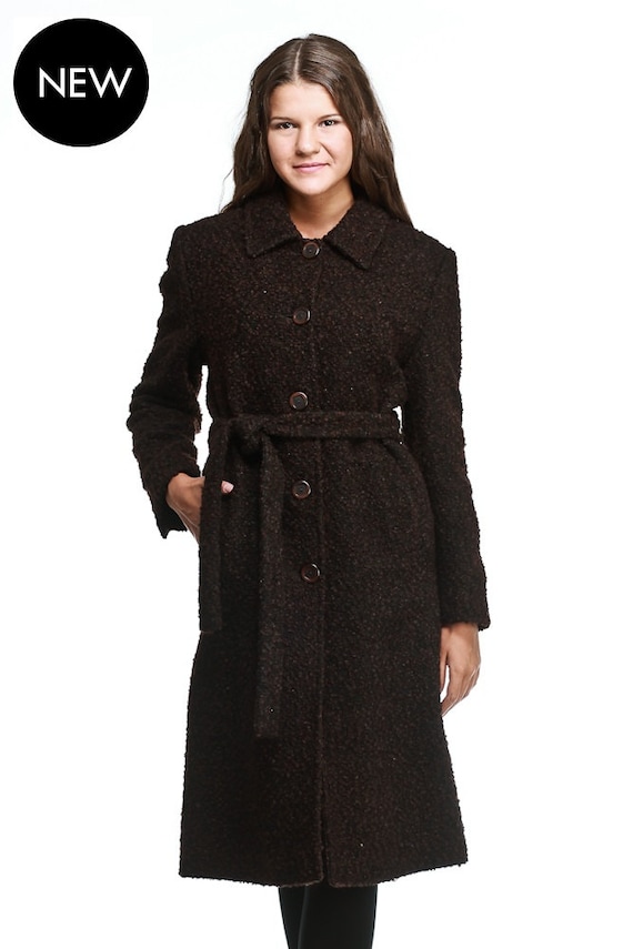 Elegant Long Brown Boucle Wool Coat,Women's Coat,Womens Long Coat,Straight Line Wool Coat,Black,Brown,Cream,Camel,Grey, by VIEMA - V00670