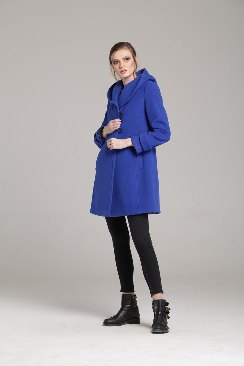 Royal Blue Women's Wool Coat With Hood Winter Etsy
