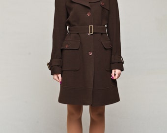 Trench-coat pour femmes en laine brune et cachemire , manteau ceinturé pour femmes , manteau en cachemire , manteau en laine pour femmes par VIEMA - V00940