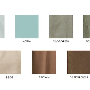 May include: A color palette featuring eight fabric swatches. Colors include Stone, Aqua, Sage Green, Forest Green, Beige, Brown, and Dark Brown. Each swatch has the color name printed below it in a sans-serif font.