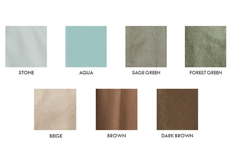 May include: A color palette featuring eight fabric swatches. Colors include Stone, Aqua, Sage Green, Forest Green, Beige, Brown, and Dark Brown. Each swatch has the color name printed below it in a sans-serif font.